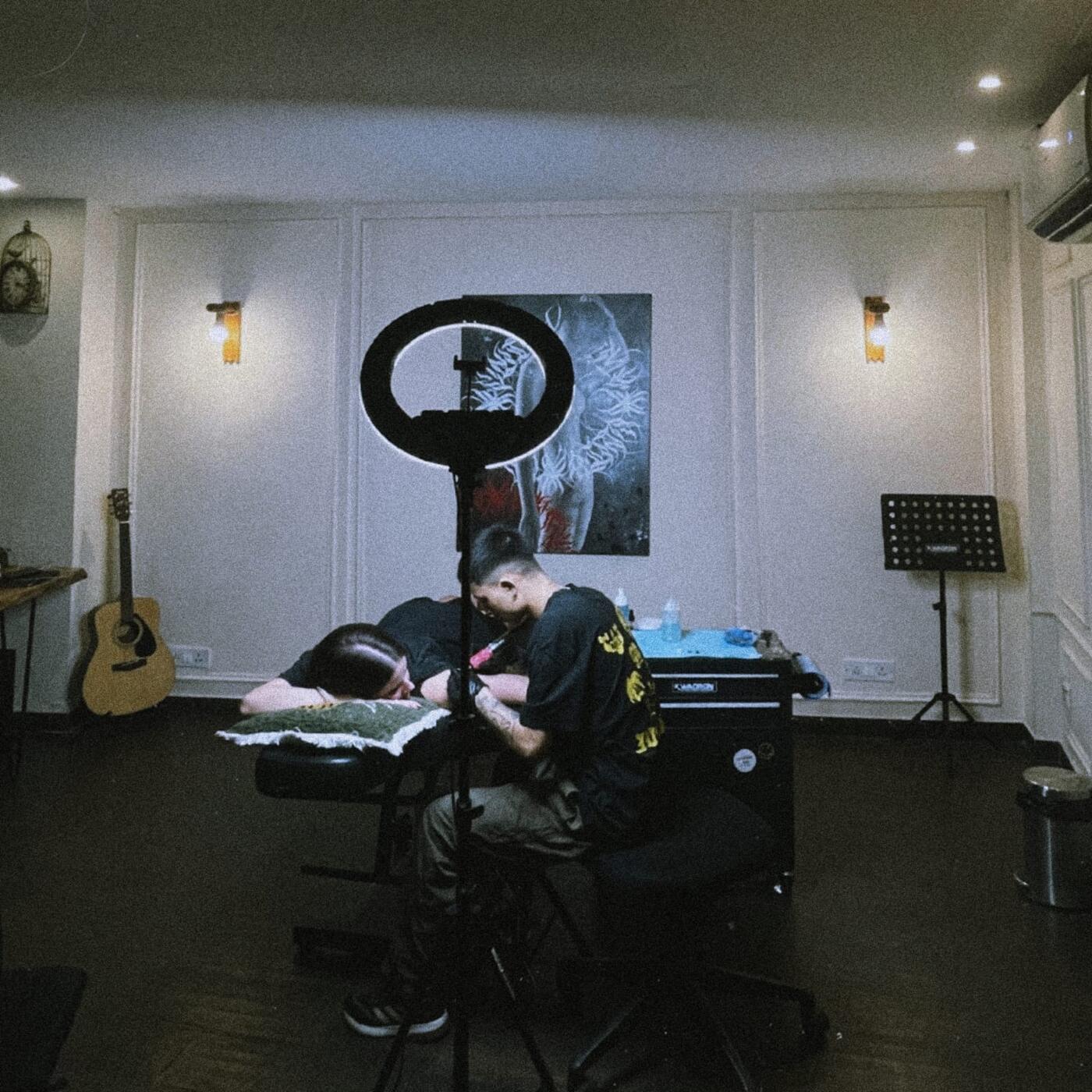 Burrnink Studio tattoo session with ring light in Hauz Khas, New Delhi